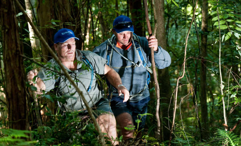 Peter Phillips and Jason Bake hiking through the Coffs Coast bush. The Bicentennial National Trail allows walkers, riders and cyclists to make their way through the length of the East Coast of Australia. Peter Phillips and Jason Bake hiking through the Coffs Coast bush. The Bicentennial National Trail allows walkers, riders and cyclists to make their way through the length of the East Coast of Australia.